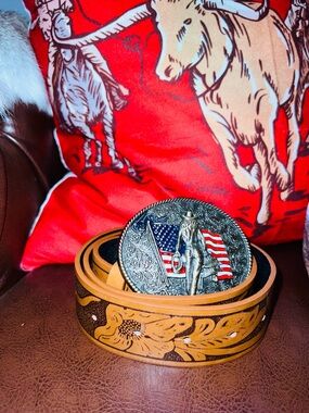 Decorative Western Leather Belt with Patriotic Silver Buckle - Tan